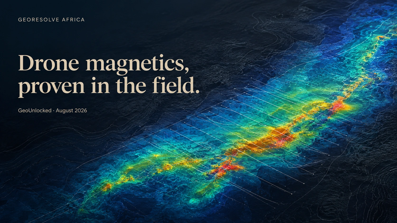 Abstract geoscience cover showing magnetic responses and drone survey lines