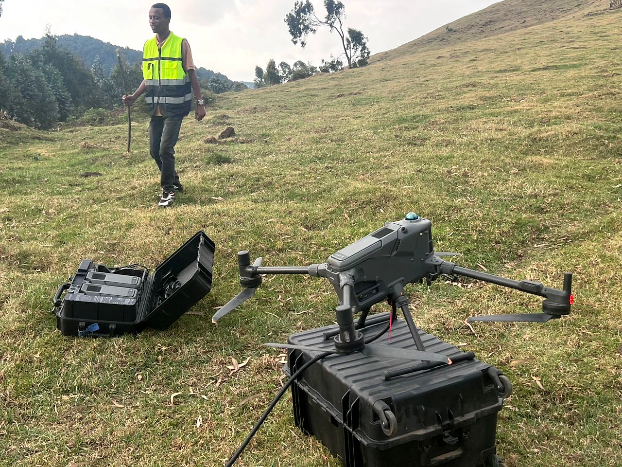 Drone magnetic survey equipment prepared on highland terrain in Kabaya