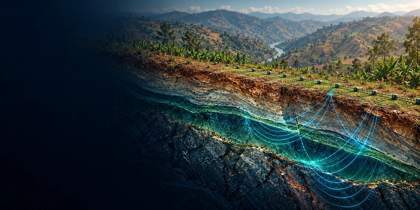 Conceptual seismic cutaway beneath Rusizi-inspired hills